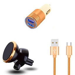 Shot Case Pack de Coche para XIAOMI Mi 9T Pro (Cable Cargador de Metal Tipo C + Doble Adaptador de Encendedor de Cigarrillos + Soporte magnético) (Oro)